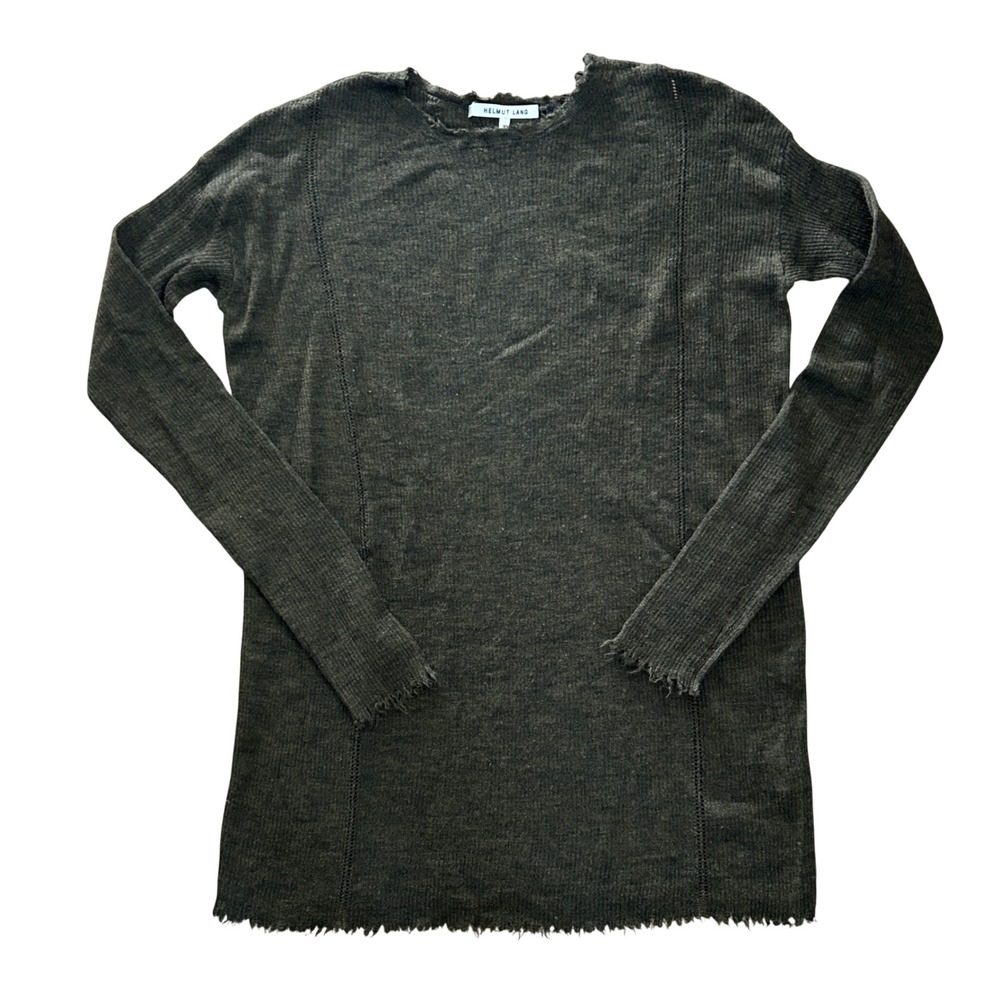 Helmut Lang Womens Olive Army Green Grunge Distressed Wool Knit Tunic Sweater S